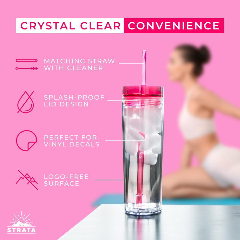 STRATA CUPS 12 Colored Skinny Tumblers with Lids and Straws | 16oz Reusable Cup Double-Wall Clear Tumbler with Lid and Straw, Durable Acrylic Tumblers With FREE Straw Cleaner & Name Tags - Image 2